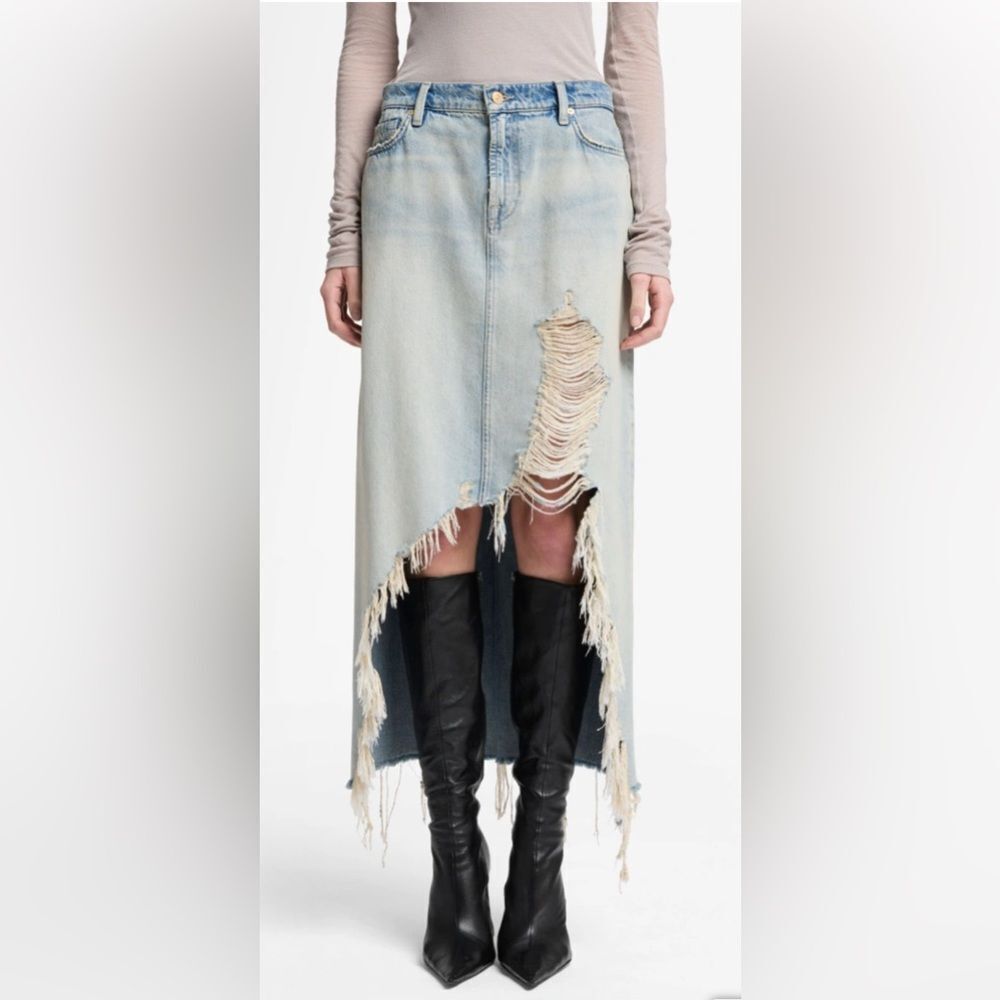 7 For All Mankind Denim Midi Skirt in Peaches Distressed Light Wash Size 27 NWT - Picture 8 of 14